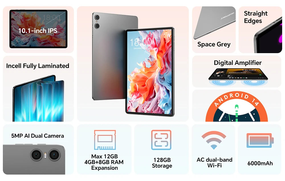 Teclast P30T Tableta, 10,1 pulgadas 1280x800, Android 14, Wi-Fi 6, Unisoc T606 Octa Núcleo, (4GB+6GB)10GB de RAM, 128GB de ROM(Soporte TF 1TB), 5MP+2MP, 6000mAh, Type C, Mali G57
