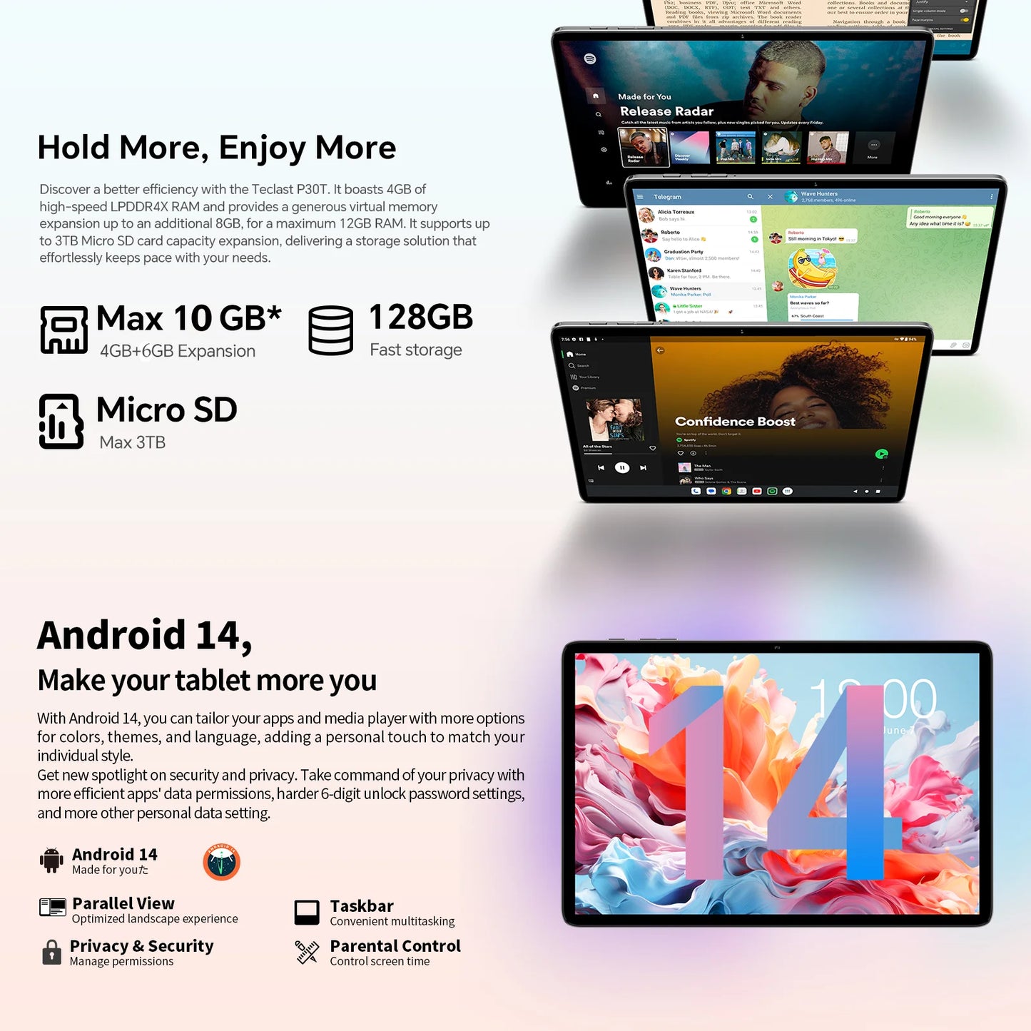 Teclast P30T Tableta, 10,1 pulgadas 1280x800, Android 14, Wi-Fi 6, Unisoc T606 Octa Núcleo, (4GB+6GB)10GB de RAM, 128GB de ROM(Soporte TF 1TB), 5MP+2MP, 6000mAh, Type C, Mali G57