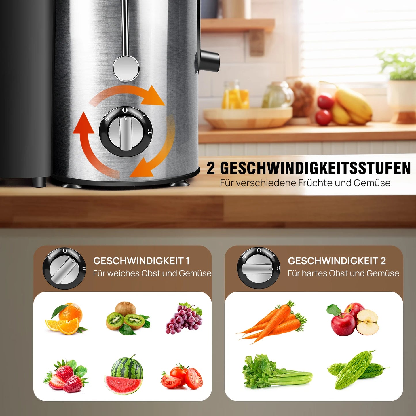 BRIEFNES Extractor de jugo centrífugo 1000W, para frutas y verduras enteras, boca ancha de 65mm, 2 velocidades
