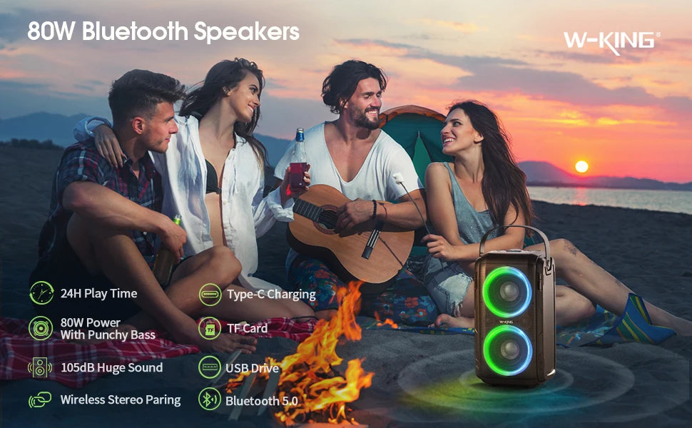 W-KING Altavoces portátiles para fiesta de 80W RMS Boombox inalámbrico Bluetooth/4 controladores (bajo de 2*4,04 pulgadas), altavoz grande con sonido enorme de 105dB