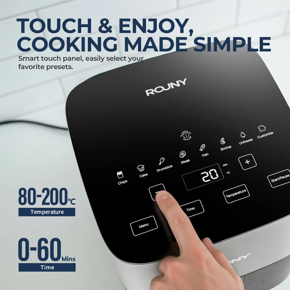 ROUNY Air Fryer 5L, freidora eléctrica sin aceite con control táctil, cesta antiadherente y ventana visible, tamaño familiar