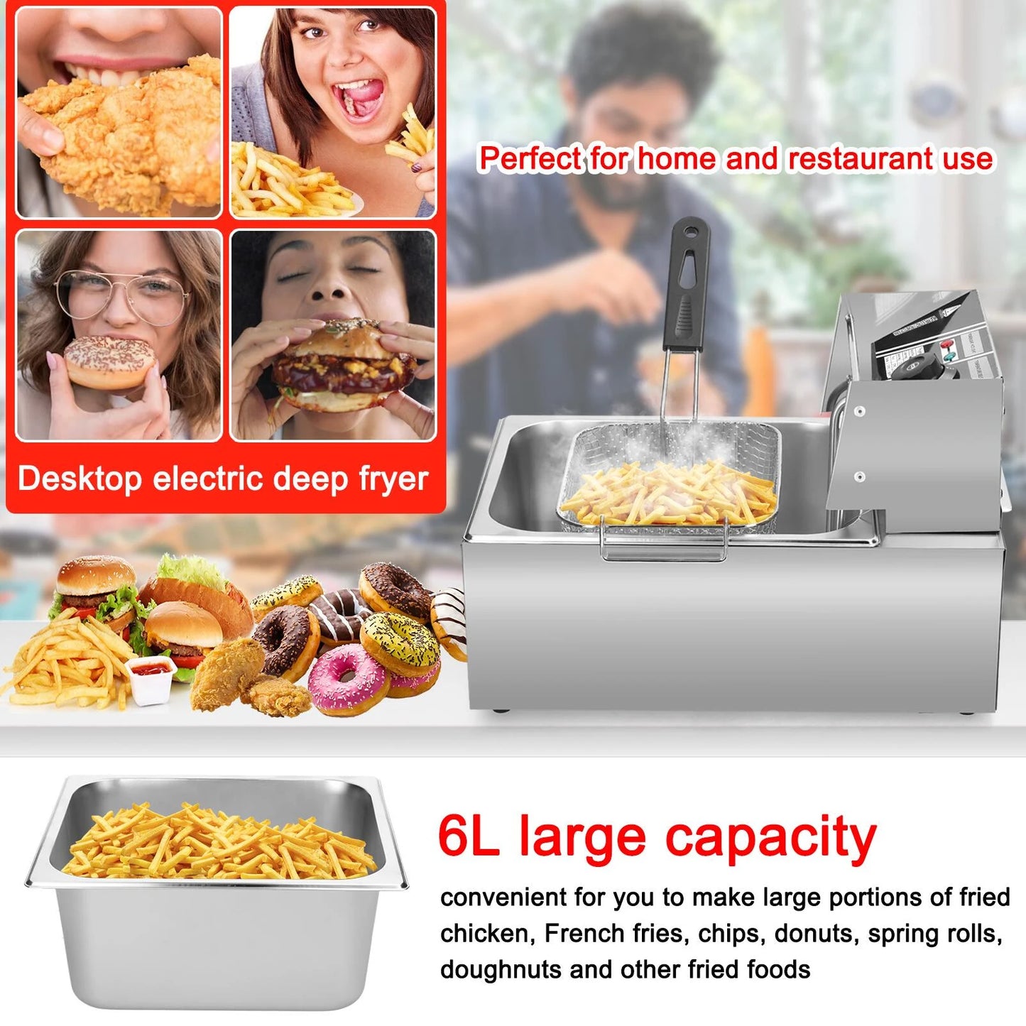 Freidora eléctrica Aoresac de 6L con cesta de filtración de aceite extraíble, freidora termostática automática de acero inoxidable de 1500W para pescado