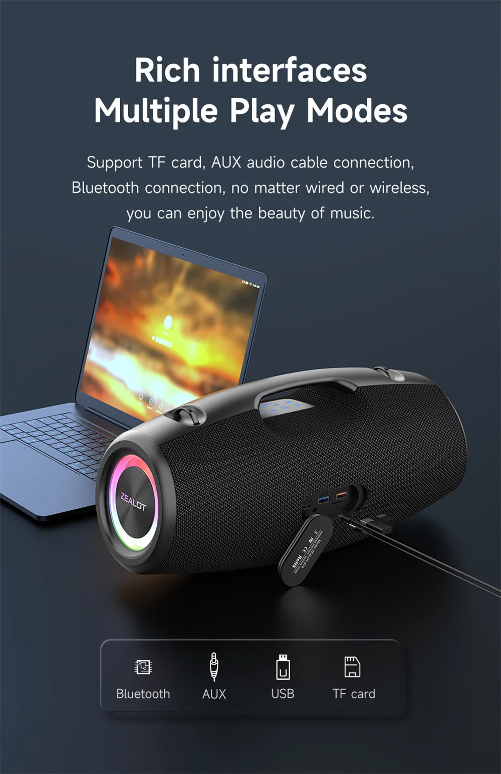 ZEALOT-S78 Altavoz Bluetooth portátil de 120W, altavoz para Fiesta al aire libre, altavoz grande, excelente rendimiento de graves, altavoz Hifi