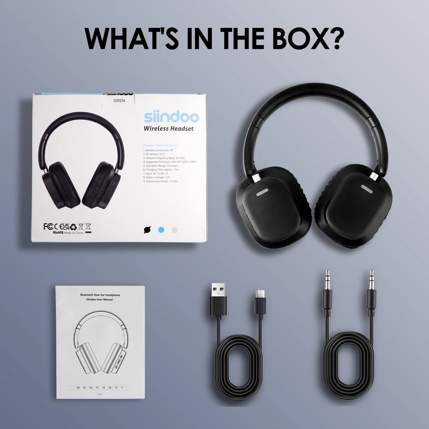 Siindoo JH-927 Auriculares inalámbricos sobre la oreja, 65 horas de reproducción Auriculares Bluetooth con micrófono, Auriculares ligeros plegables para PC