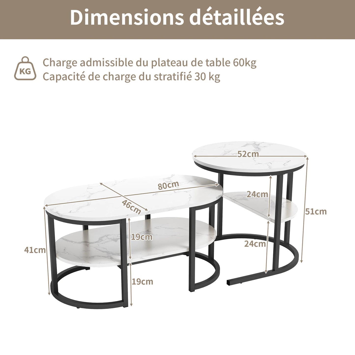Mesa de centro moderna para sala de estar, mueble de Metal negro, 2 piezas, color blanco