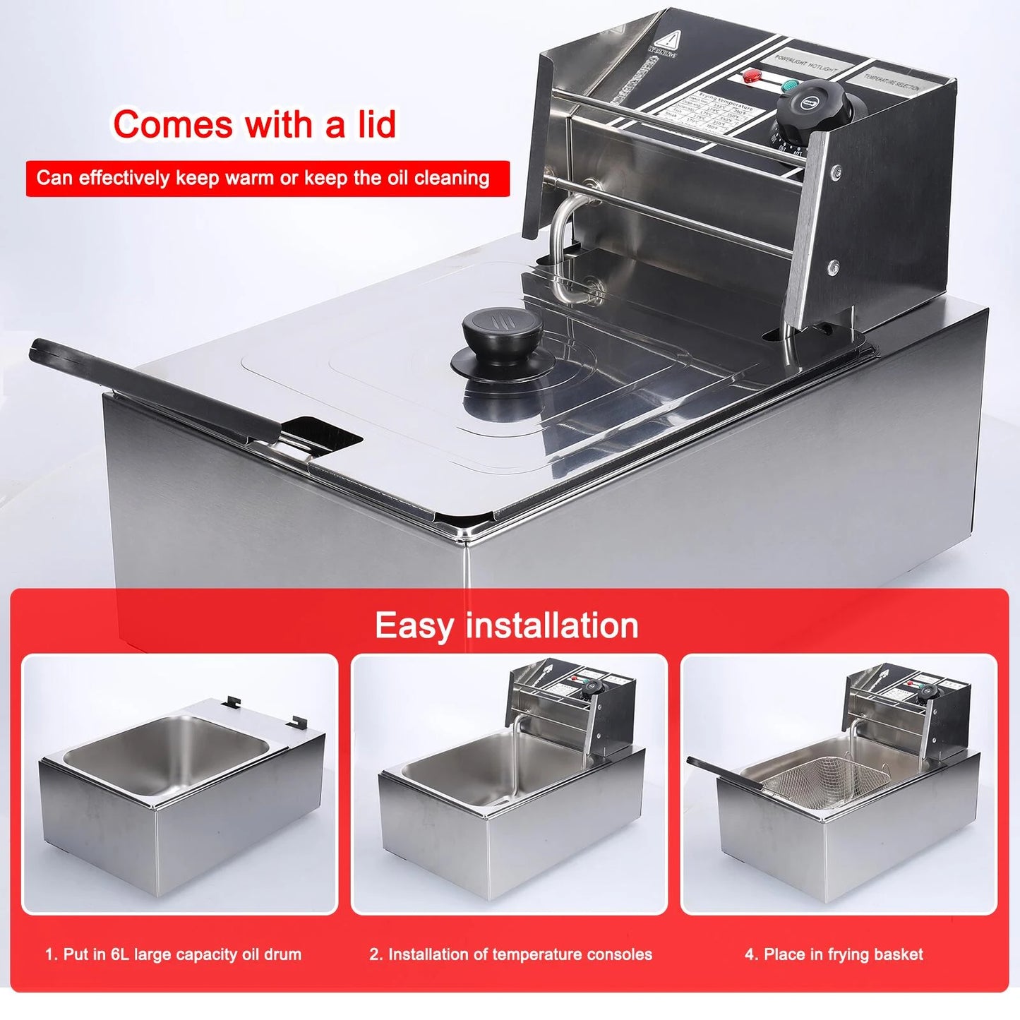 Freidora eléctrica Aoresac de 6L con cesta de filtración de aceite extraíble, freidora termostática automática de acero inoxidable de 1500W para pescado