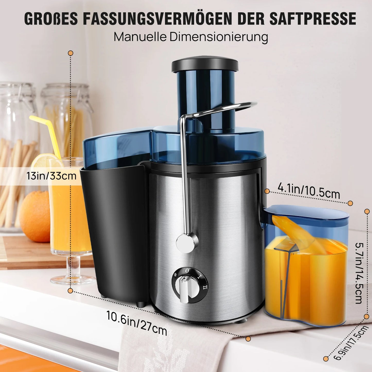BRIEFNES Extractor de jugo centrífugo 1000W, para frutas y verduras enteras, boca ancha de 65mm, 2 velocidades