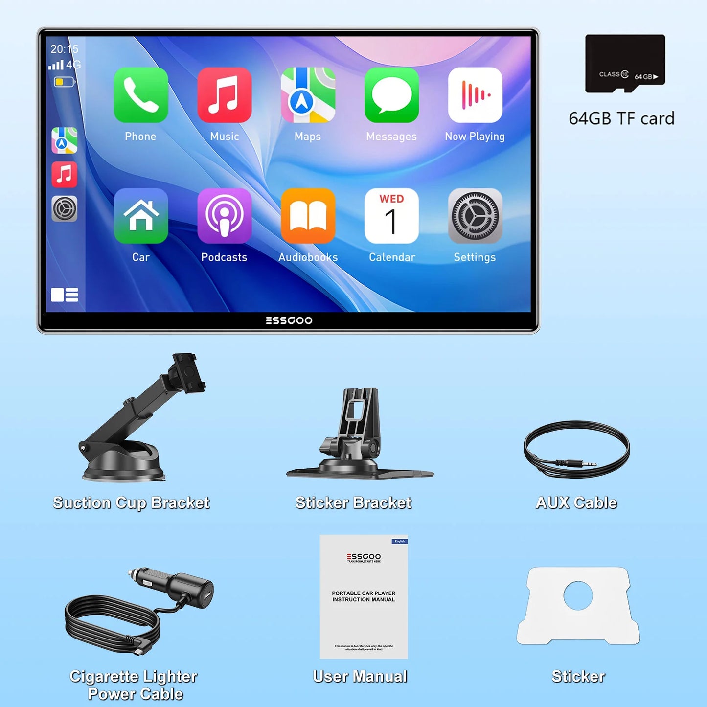 ESSGOO pantalla táctil de 9 pulgadas Radio estéreo portátil para coche inalámbrico Apple Carplay Android Auto USB TF Bluetooth Mirror Link