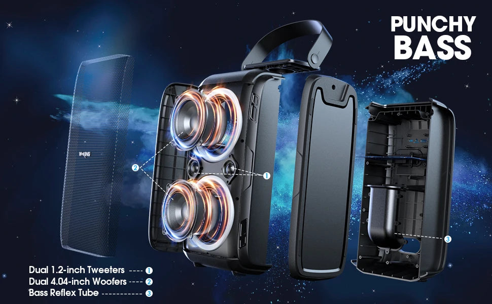 W-KING Altavoces portátiles para fiesta de 80W RMS Boombox inalámbrico Bluetooth/4 controladores (bajo de 2*4,04 pulgadas), altavoz grande con sonido enorme de 105dB