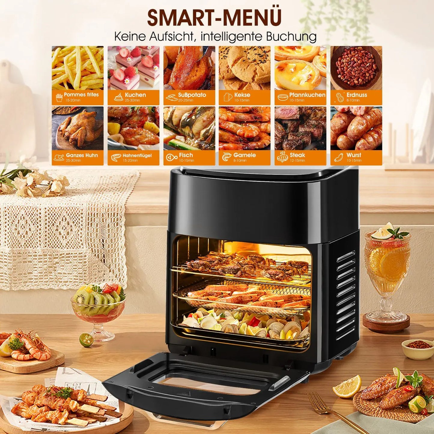 Horno freidora de aire eléctrico grande de 15L, 220V sin aceite, con 6 modos de cocción, horno de convección inteligente de 1800W para el hogar, pantalla táctil LED