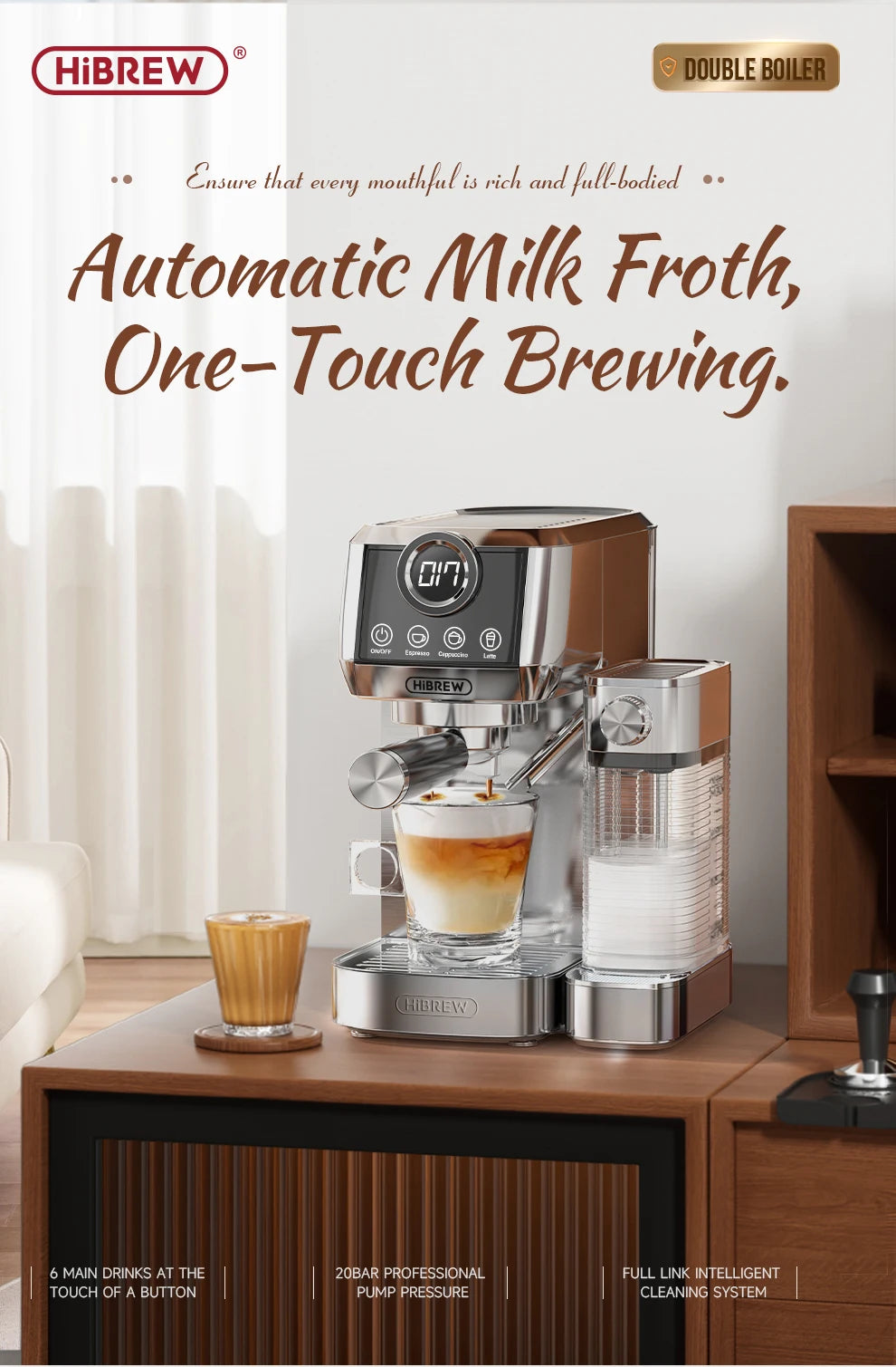 HiBREW-máquina de café expreso semiautomática 3 en 1, capuchino, Latte, espuma de leche automática, café molido, acero inoxidable H13A