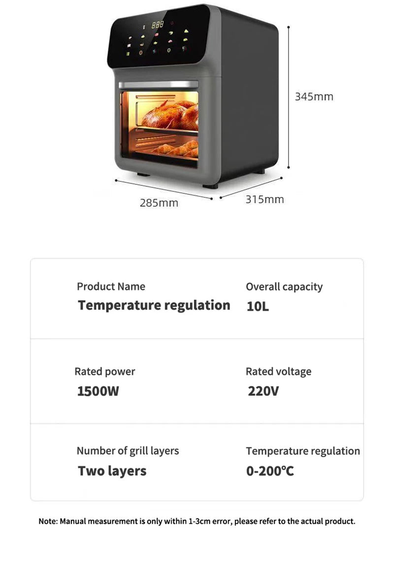 Freidoras de aire eléctricas de gran capacidad de 10L, cocina doméstica automática sin aceite 360 ° Horno de convección para hornear freidora sin aceite