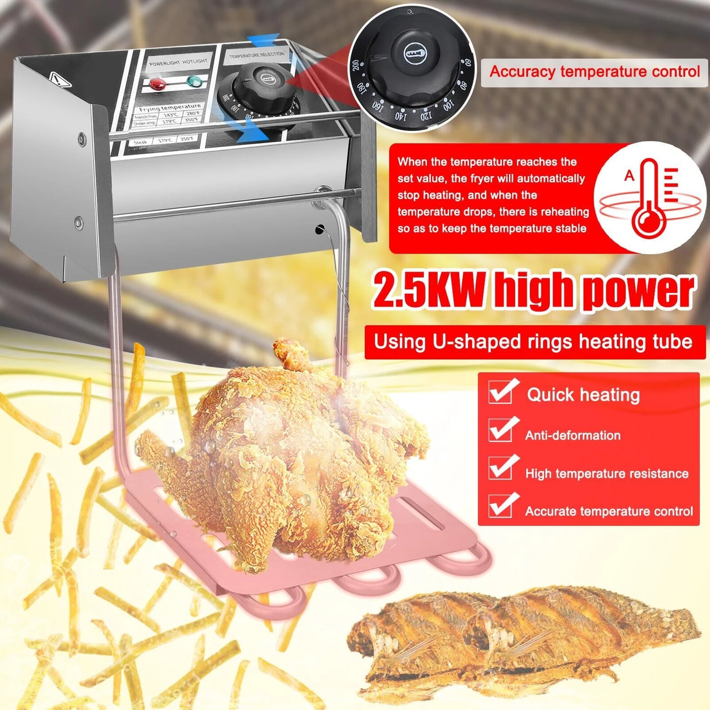 Freidora eléctrica Aoresac de 6L con cesta de filtración de aceite extraíble, freidora termostática automática de acero inoxidable de 1500W para pescado