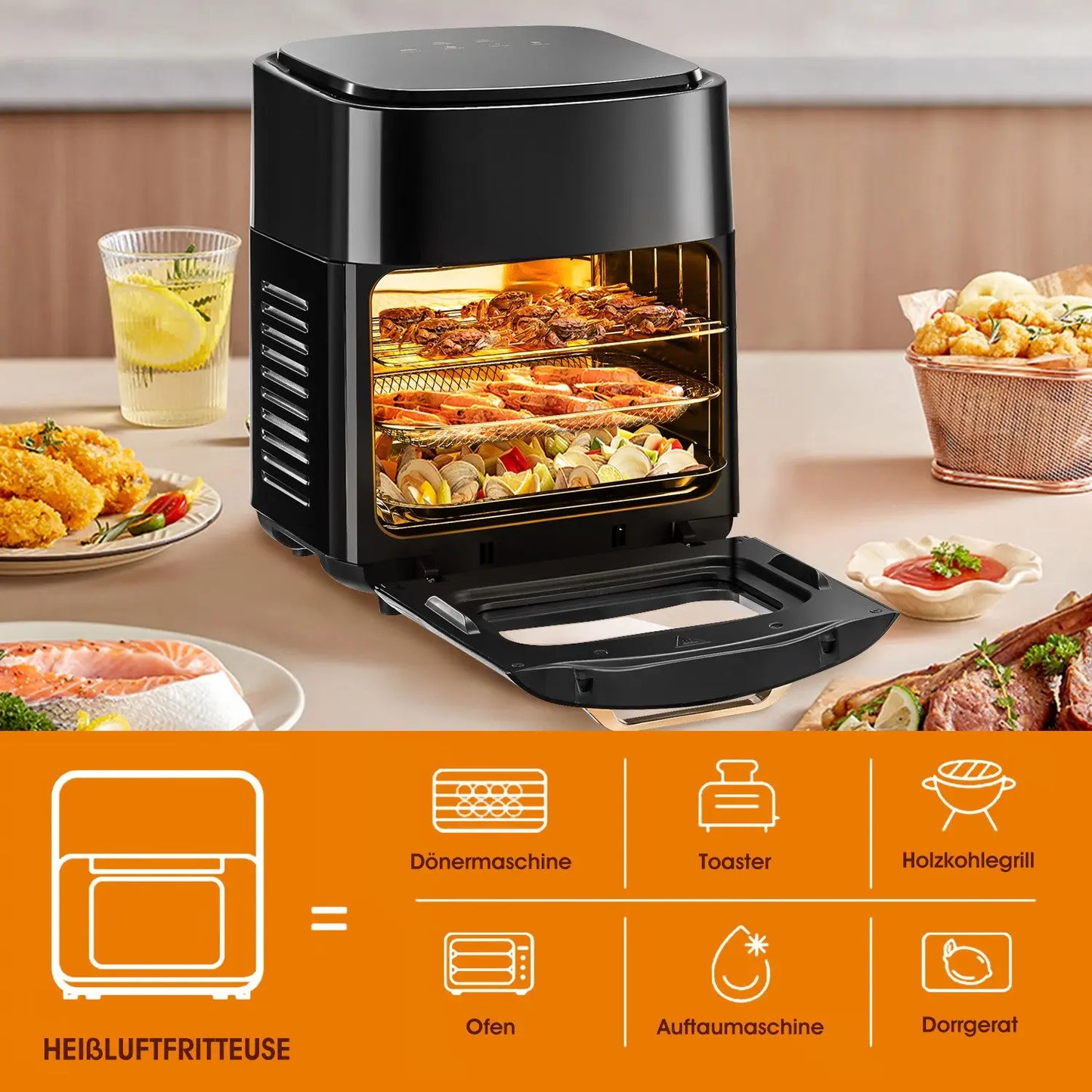Horno freidora de aire eléctrico grande de 15L, 220V sin aceite, con 6 modos de cocción, horno de convección inteligente de 1800W para el hogar, pantalla táctil LED