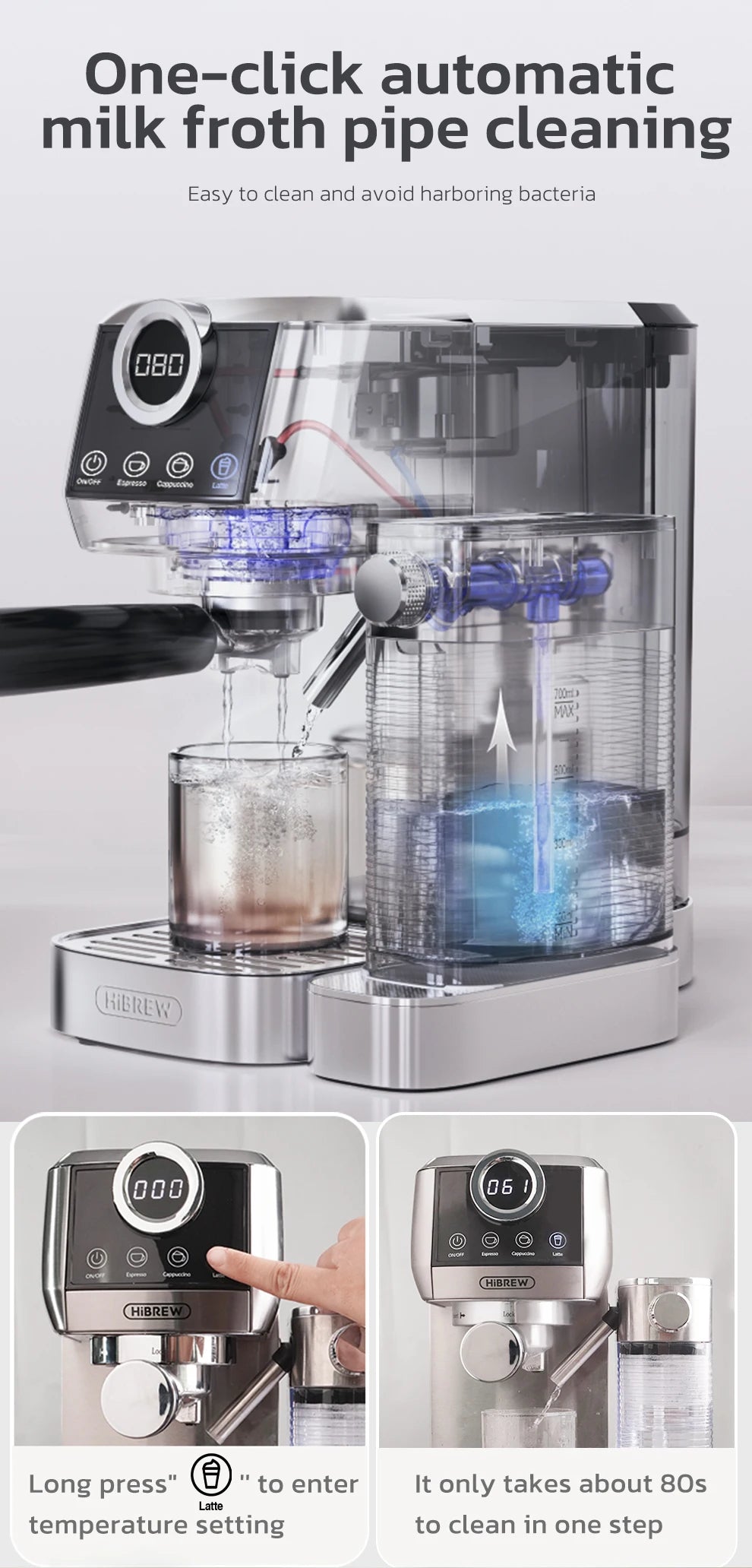 HiBREW-máquina de café expreso semiautomática 3 en 1, capuchino, Latte, espuma de leche automática, café molido, acero inoxidable H13A