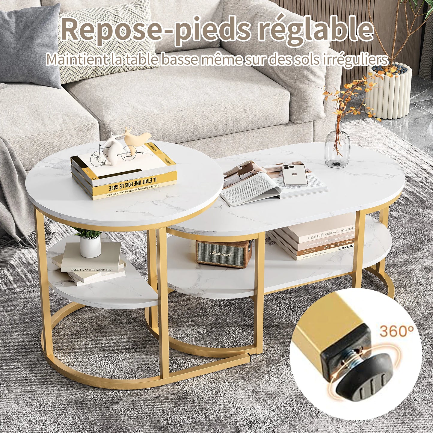 Mesa de centro moderna para sala de estar, mueble de Metal negro, 2 piezas, color blanco