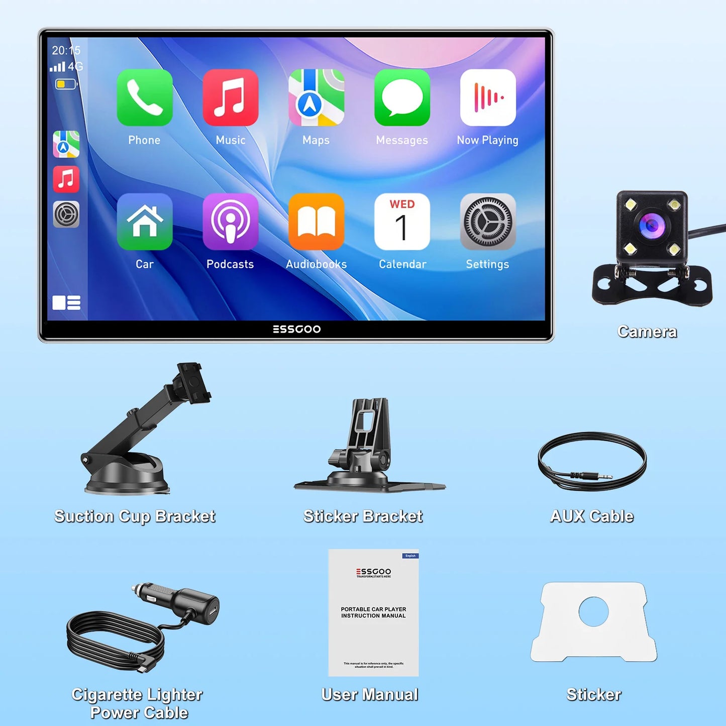ESSGOO pantalla táctil de 9 pulgadas Radio estéreo portátil para coche inalámbrico Apple Carplay Android Auto USB TF Bluetooth Mirror Link