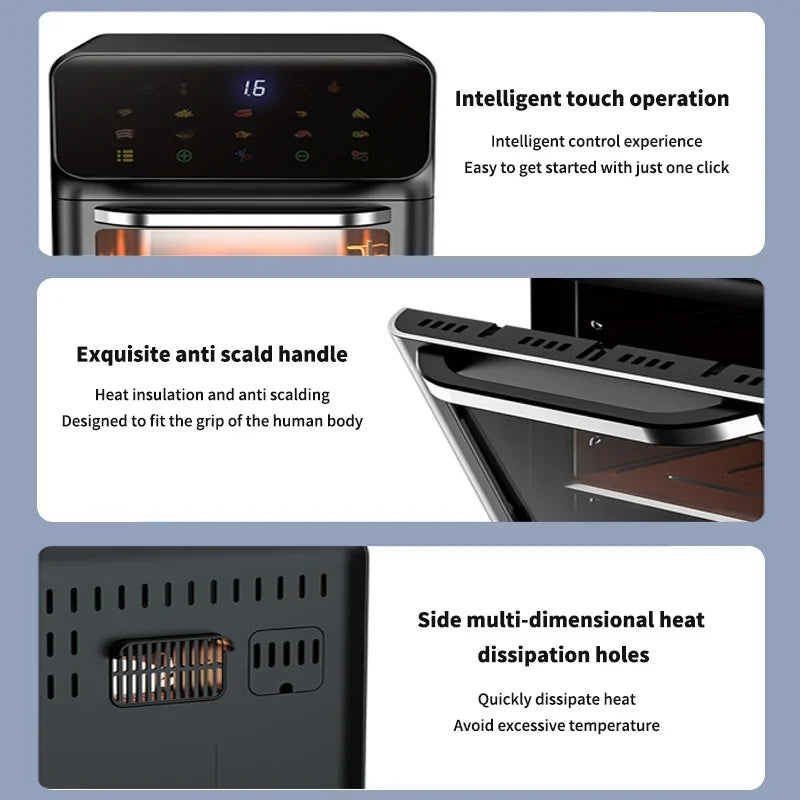 Freidoras de aire eléctricas de gran capacidad de 10L, cocina doméstica automática sin aceite 360 ° Horno de convección para hornear freidora sin aceite