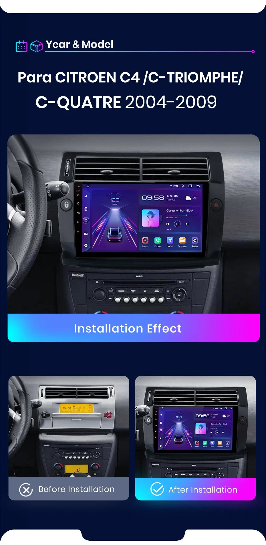 Junsun Android inalámbrico CarPlay Auto Radio de coche para Citroen C4 c-triomphe c-quatre 2004-2009 sistemas inteligentes DSP SWC RDS GPS