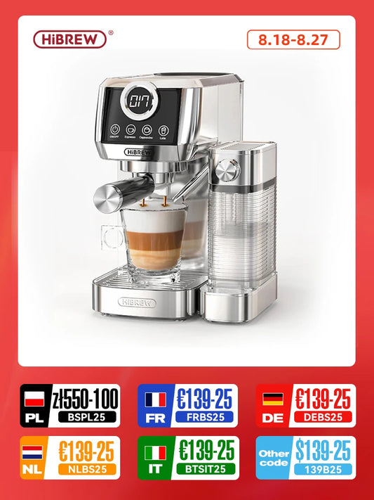 HiBREW-máquina de café expreso semiautomática 3 en 1, capuchino, Latte, espuma de leche automática, café molido, acero inoxidable H13A