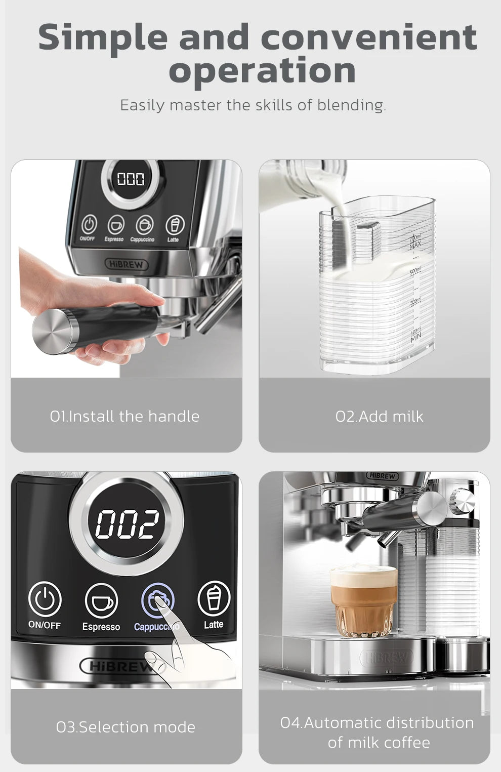 HiBREW-máquina de café expreso semiautomática 3 en 1, capuchino, Latte, espuma de leche automática, café molido, acero inoxidable H13A