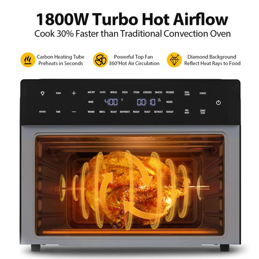 Horno freidora de aire 30L 1800W Cuerpo de acero inoxidable Funciones 18 en 1, freír, hornear, asar, deshidratar y recalentar | 18 preestablecidos | Asador y convección