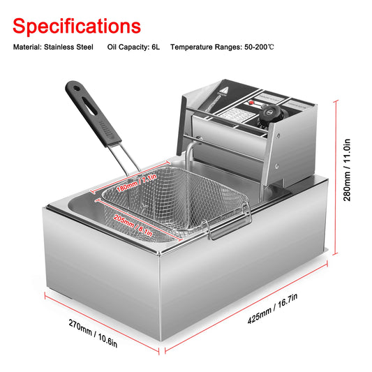 Freidora eléctrica Aoresac de 6L con cesta de filtración de aceite extraíble, freidora termostática automática de acero inoxidable de 1500W para pescado