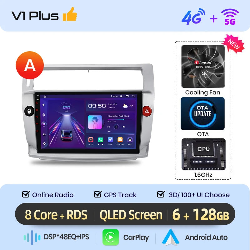 Junsun Android inalámbrico CarPlay Auto Radio de coche para Citroen C4 c-triomphe c-quatre 2004-2009 sistemas inteligentes DSP SWC RDS GPS
