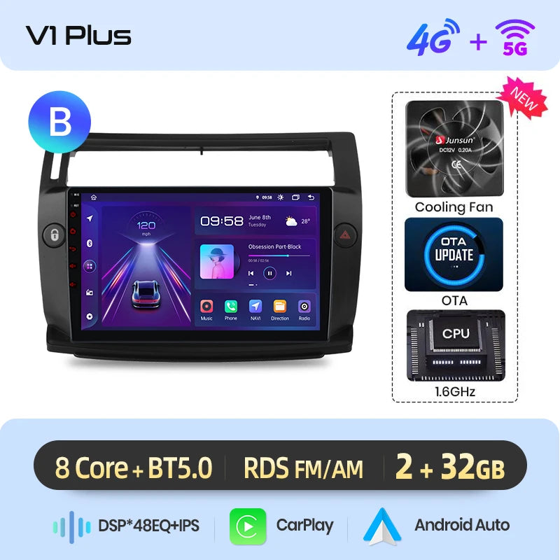 Junsun Android inalámbrico CarPlay Auto Radio de coche para Citroen C4 c-triomphe c-quatre 2004-2009 sistemas inteligentes DSP SWC RDS GPS