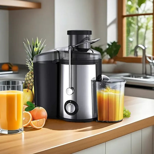 BRIEFNES Extractor de jugo centrífugo 1000W, para frutas y verduras enteras, boca ancha de 65mm, 2 velocidades