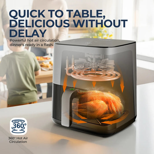 ROUNY Air Fryer 5L, freidora eléctrica sin aceite con control táctil, cesta antiadherente y ventana visible, tamaño familiar